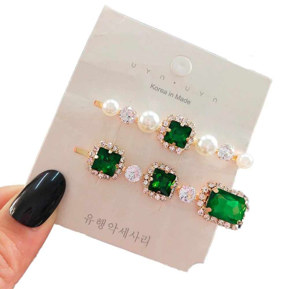 Green Crystal & Pearl Hair Pin Clips Set of 2 NWT